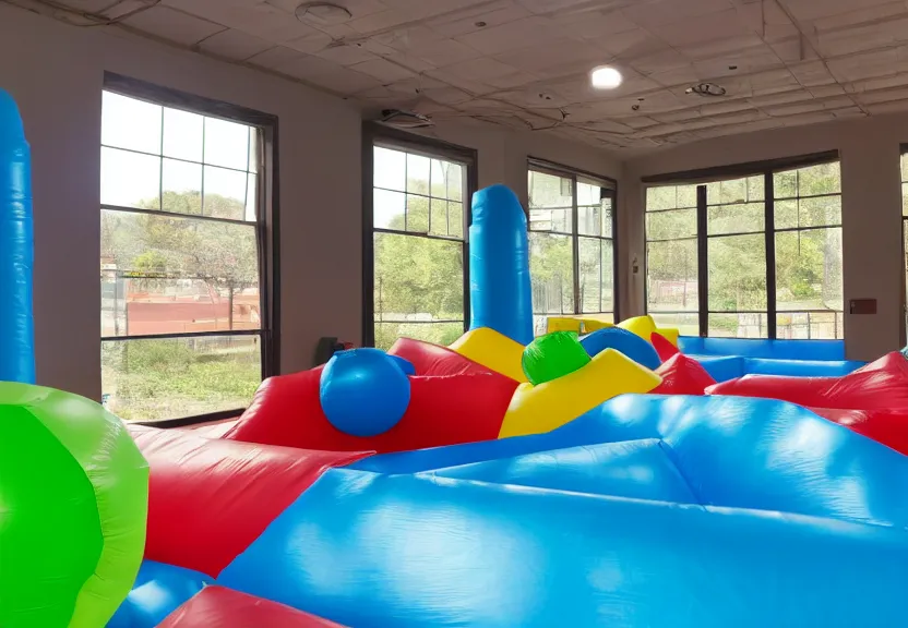 Image similar to A bouncy house with a ball pit and a trampoline inside a big empty room with light coming through windows