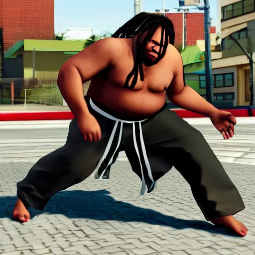 Image similar to hyperrealistic image of overweight black martial artist with dreadlocks in uniform doing kata, grand theft auto style