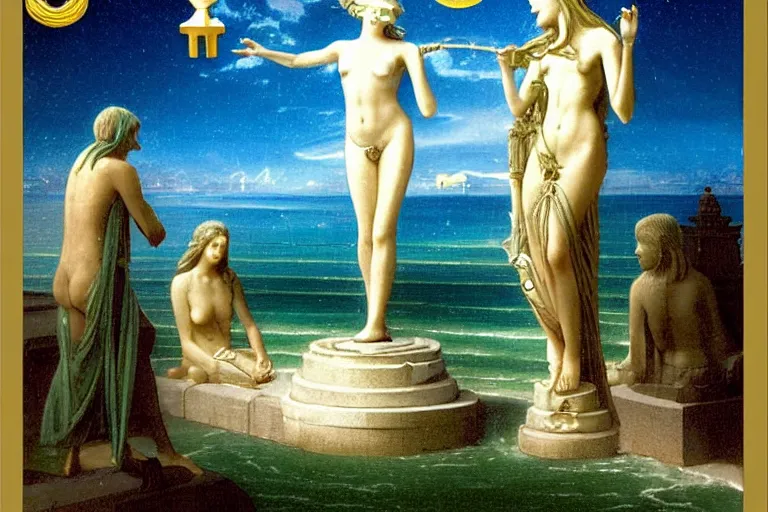 Image similar to Occult statues on front of balustrade and palace columns, refracted lightnings on the ocean, thunderstorm, tarot cards characters, beach and Tropical vegetation on the background major arcana sky and occult symbols, by paul delaroche, hyperrealistic 4k uhd, award-winning, very detailed paradise