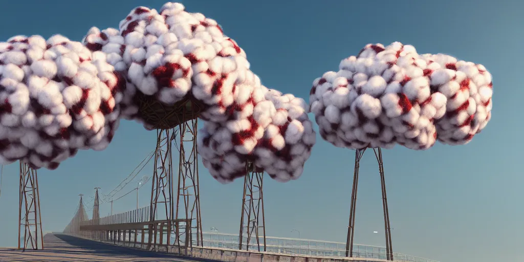 Image similar to explosions in the form of cotton plants on the crimean bridge, 3 d octane remder, epic lighting, 8 k, by goro fujita