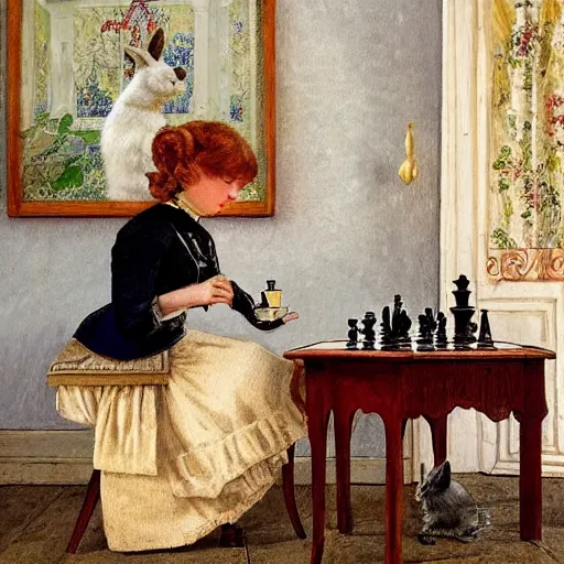 Image similar to a young edwardian woman playing chess against a rabbit in a beautiful victorian living room, in the style of Carl Larsson