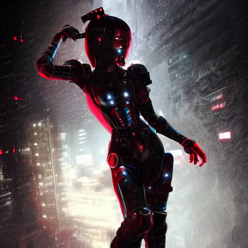 Image similar to An realistic epic fantastic comic book style portrait painting of a female cyber samurai by WLOP, black and reddish color armor, cyberpunk feel raining at tokyo rooftop, Concept world Art, unreal 5, DAZ, hyperrealistic, octane render, cosplay, RPG portrait, dramatic lighting, rim lights