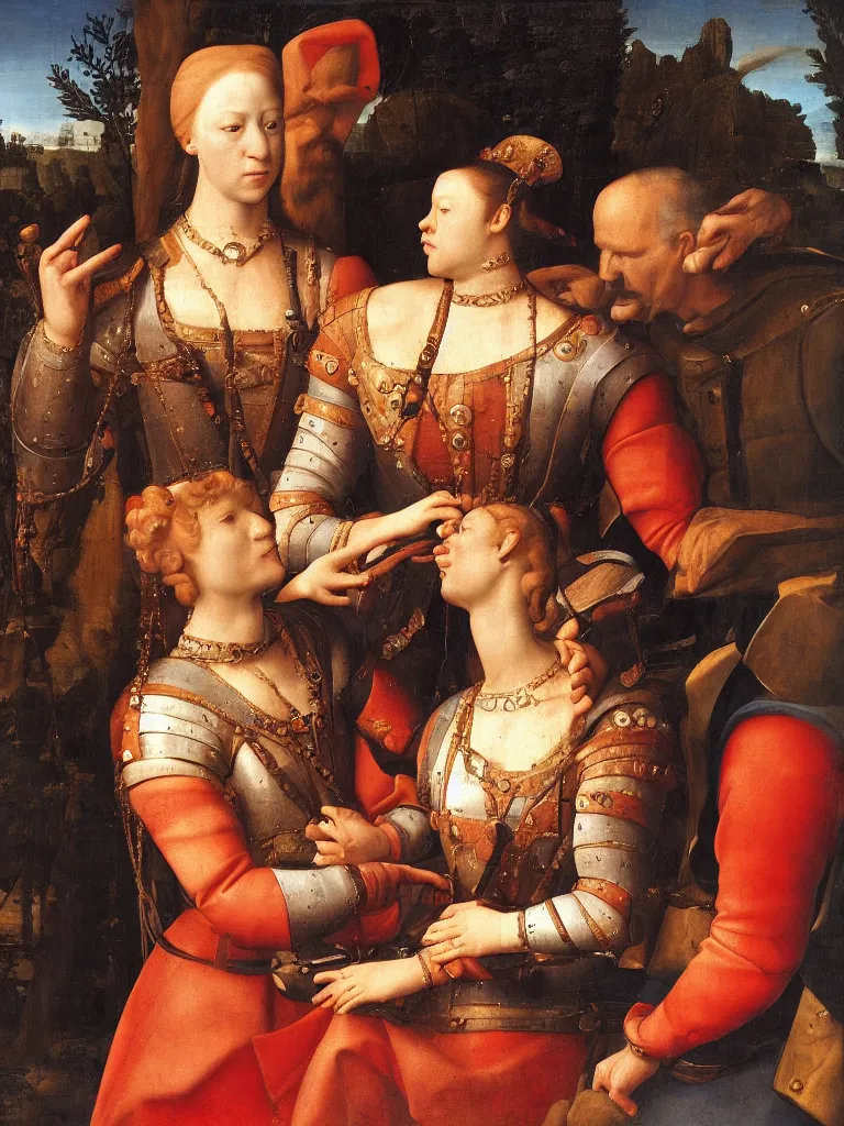 Prompt: a soldier lays his hand on top of the queens head, renaissance portrait, intimate, relaxed posture, high definition, dimly lit, private moment