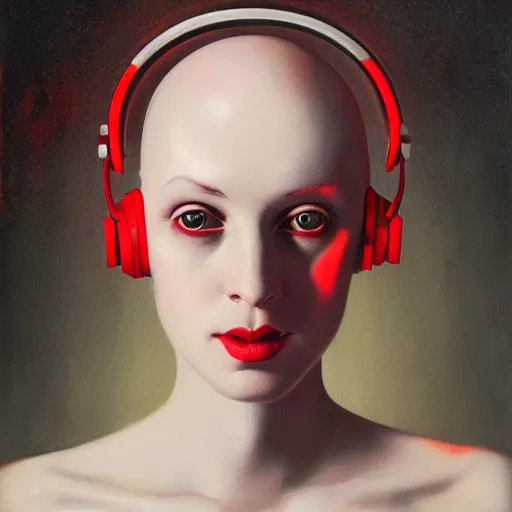 Prompt: portrait of a pale bald woman with red headphones, staring at you, black background, curious eyes, by Anato Finnstark, Tom Bagshaw, Brom