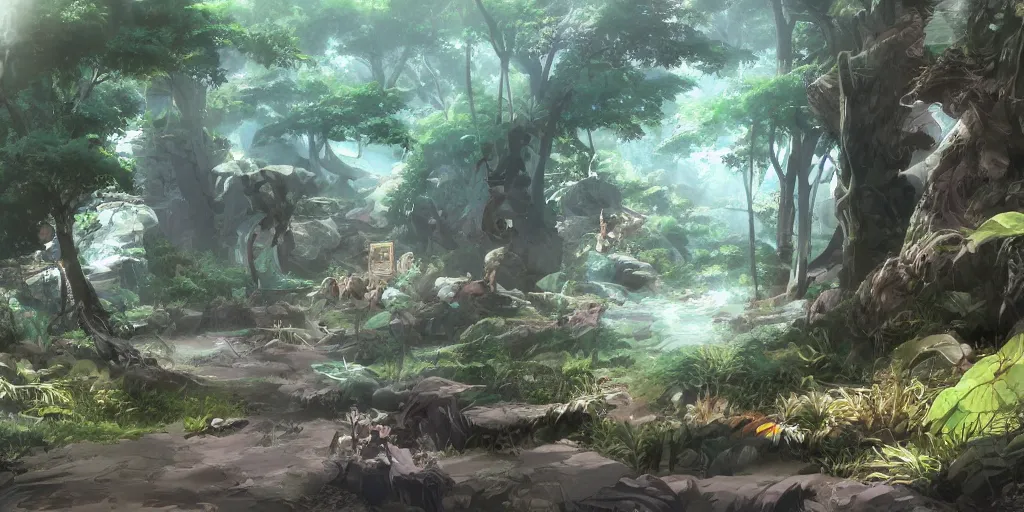 Prompt: Anime environment, huge jungle, animals, simple, rough draft, sketch, muted colors, 8k, trending on artstation