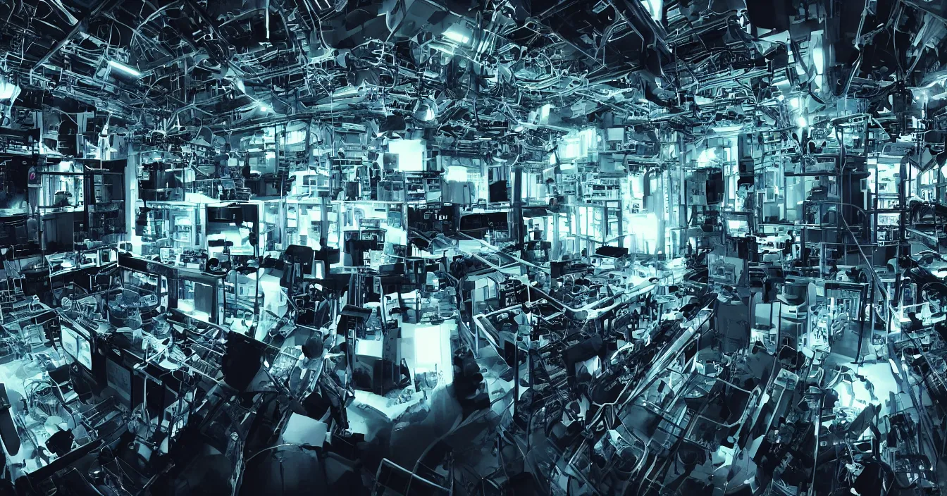 Prompt: Realistic wide photo of a room interior of hardware Engineer and scientist from future, full of various electronic hardware components, devices and instruments, incredible sharp details, light contrast, dramatic dark atmosphere, bright vivid colours, reclections, metal speculars, Digital Domain, ILM, journalistic photography