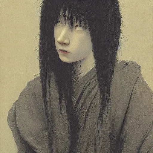 Prompt: [ by millais ], ( ( ( ( ( ( ( ( by beksinski ) ) ) ) ) ) ) ), portrait painting of victorian yokai, 8 k, highly detailed,