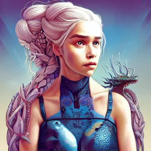 Image similar to lofi biopunk daenerys targaryen portrait with dragons, Pixar style, by Tristan Eaton Stanley Artgerm and Tom Bagshaw.