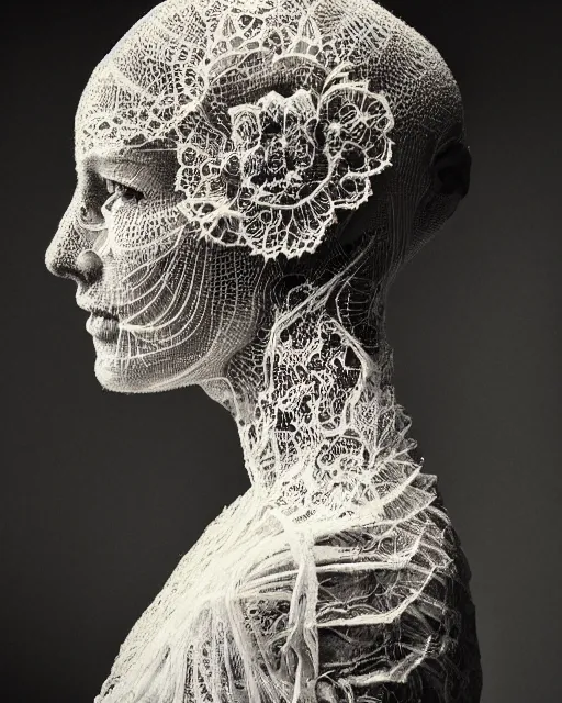 Image similar to a woman's face in profile, made of intricate decorative lace skeleton, in the style of the dutch masters and gregory crewdson, dark and moody