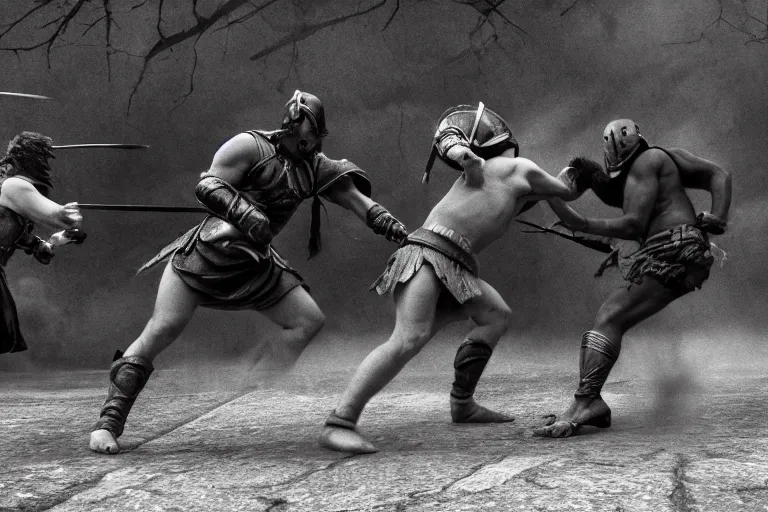 Image similar to cinematic monochromatic shot of an epic gladiator fight