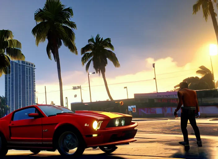 Image similar to still next - gen ps 5 game grand theft auto 6 2 0 2 4 remaster, graphics mods, rain, red sunset, people, rtx reflections, gta vi, miami, palms and miami buildings, photorealistic screenshot, unreal engine, 4 k, 5 0 mm bokeh, close - up ford mustang, gta vice city remastered, artstation