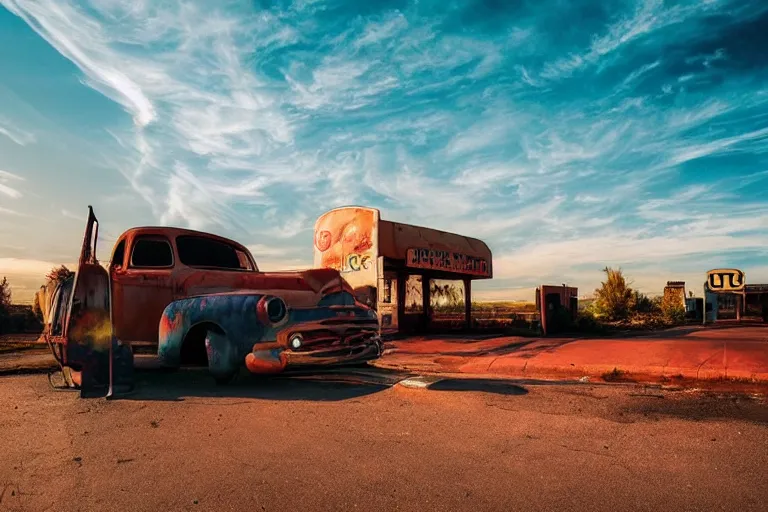 Image similar to a sunset light landscape with historical route 6 6, lots of sparkling details and sun ray ’ s, blinding backlight, smoke, volumetric lighting, colorful, octane, 3 5 mm, abandoned gas station, old rusty pickup - truck, beautiful epic colored reflections, very colorful heavenly, softlight