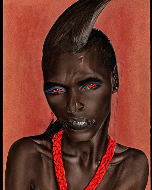 Prompt: ancient nilotic african androgynous vampire woman with demonic eyes, portrait, hyperrealistic