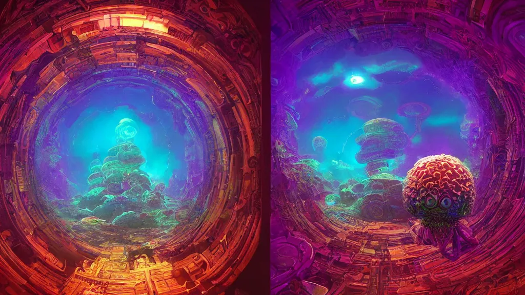 Prompt: lsd visuals dmt visuals shroom visuals a monkey face spirals and fractal designs infinity by Paul Lehr and moebius and beeple and in the middle a portal back to reality, filmic, cinematic, into the void