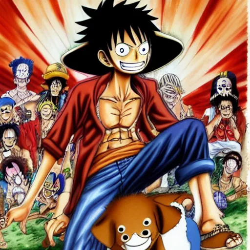 Prompt: luffy from one piece with an australian shepard, by eiichiro oda