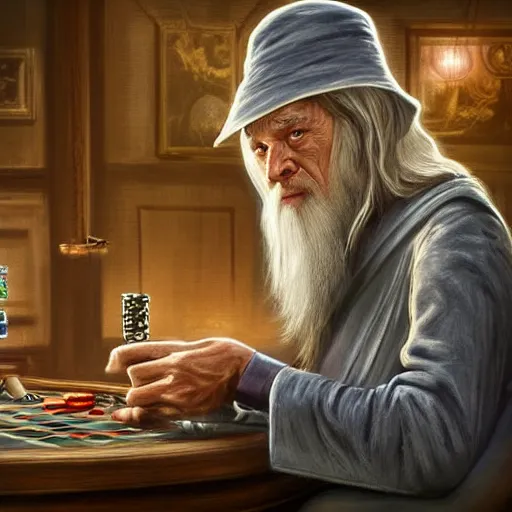 Prompt: gandalf playing poker, casino, highly detailed, digital art