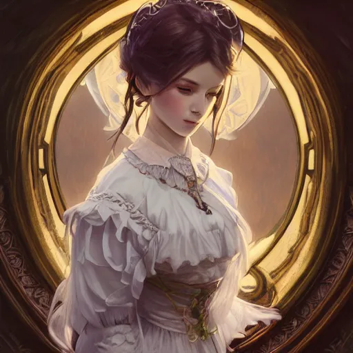 Image similar to portrait of a gothic lolita, D&D, fantasy, intricate, elegant, highly detailed, soft lighting, soft mood, digital painting, artstation, smooth, sharp focus, illustration, art by Tia Kratter, Katherine Sarafian, artgerm and greg rutkowski and alphonse mucha