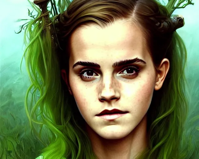 Image similar to mindblowing portrait of emma watson as a swamp witch, green colored skin, green hair, holding a caduceus staff, messy hair, deep focus, d & d, fantasy, intricate, elegant, highly detailed, digital painting, artstation, concept art, matte, sharp, illustration, hearthstone, art by artgerm and greg rutkowski and alphonse mucha