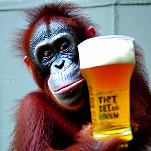 Image similar to “ sinister smiling orangutan holding a pint of beer ”