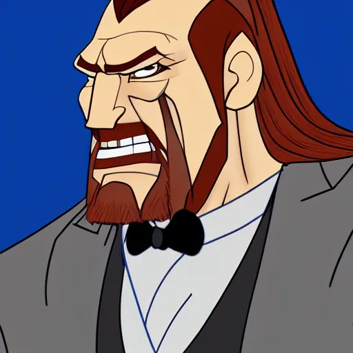 Prompt: Head-to-shoulder shot of Triple H as a Disney villain, Disney, Triple H, wrestling, WWE, Disney style, 2d, Disney 2d animation, digital 2D animation, traditional animation, Disney style, Disney animation, Deviantart, very coherent symmetrical artwork, heroic look, artstation, villain, brightly colored