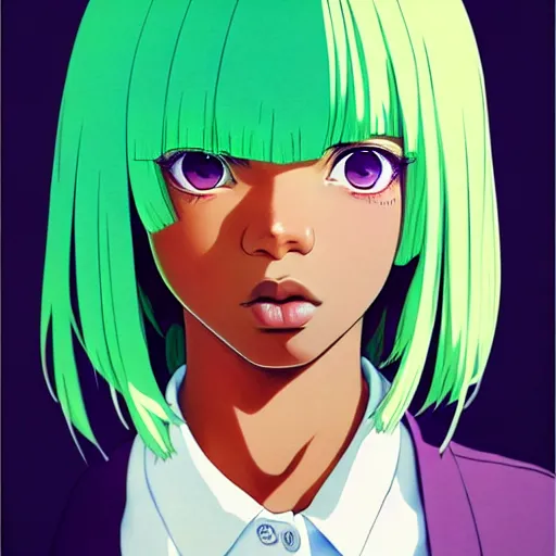 Image similar to anime poster film still portrait, african american young woman, large, eyes ( purple ), white french bob, bomber jacket ( green ), detailed facial features, dynamic pose, cute face by ilya kuvshinov, yoh yoshinari, makoto shinkai, rimlight, cel shaded, 4 k