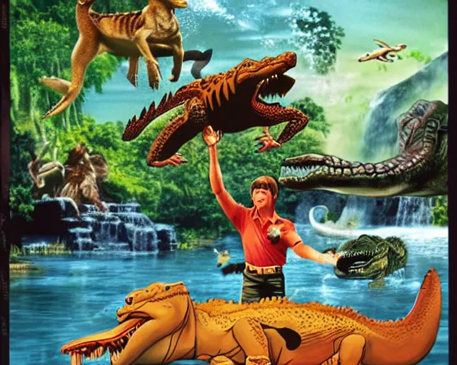 Image similar to steve irwin with dingo and crocodile and bruce lee, waterfall background, epic colorful hyper detailed cinematic still