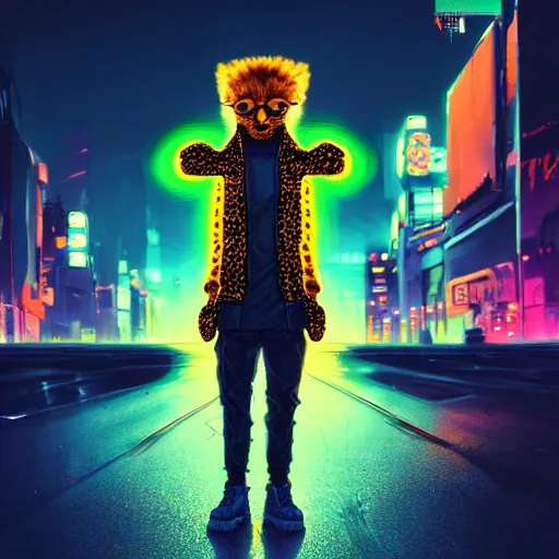 Prompt: a beautiful commission of an anthropomorphic cheetah wearing a neon jacket with mohawk hair,standing on the street,futuristic,detailed face,character design by charles bowater,mohawk,cyberpunk style,deviantart,artstation,art by greg rutkowski,ross tran,professional lighting,neon city,night,raytracing,rtx