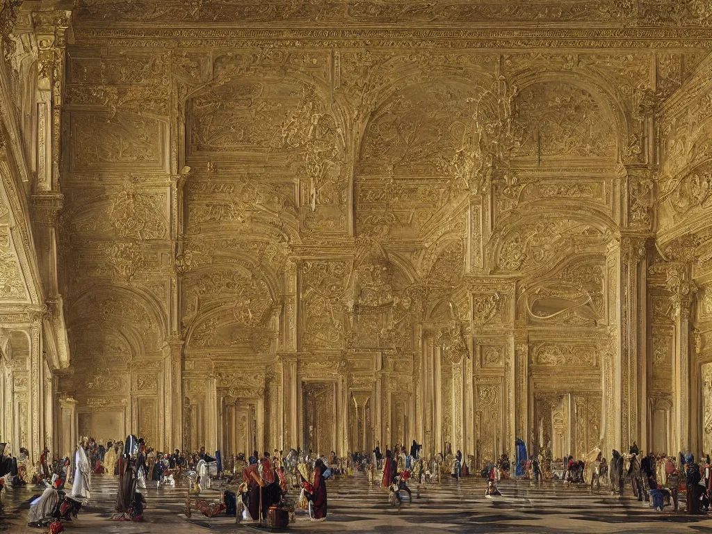 Prompt: Grand Interior of the Sultan's Opulent Palace, art by Ludwig Deutsch