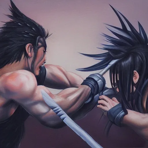 Image similar to yasuo vs yone, oil paint