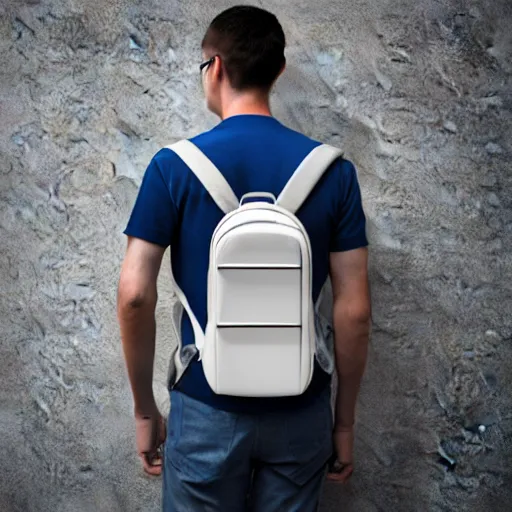 Image similar to man wearing a refridgerator back pack, product rendering, realistic,