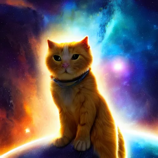 Prompt: all knowing galaxy cat god of the celestial cosmos, trending on artstation, nasa photos, 4 k, hyper realism, high detail, cinematic, cinematic lighting, epic, realistic, fantasy