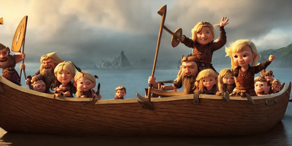 Prompt: adorable vikings on a viking ship, pixar render, brilliant style by Artstation, Artstation Trending, cgsociety, high quality, very coherent, ultra realism, high definition, post processing, unreal engine, 8k, high resolution, octane render, high contrast, 4k UHD, photographic, digital art, artstation, cinematic shot, golden hour, island in the background