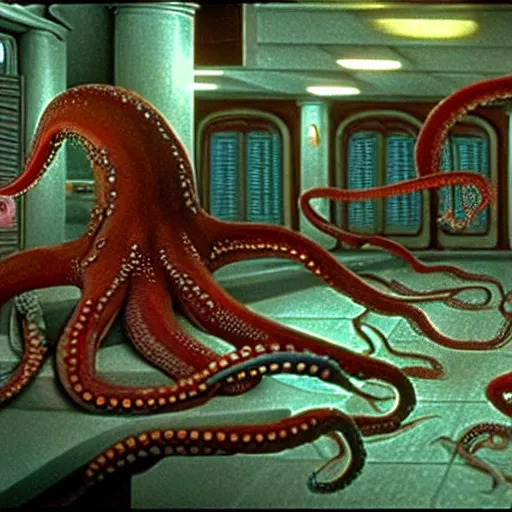 Prompt: hyperrealism photography supercomputer simulation of detailed octopus in the detailed ukrainian village in dramatic scene from movie the big lebowski ( 1 9 9 8 )