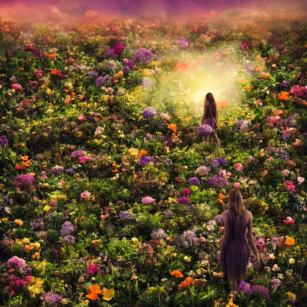Image similar to a planet of various flowers, fungus and plants, in which the human figure is dressed in something magical and impressive, inside the picture is infinity, sunset light, Atmospheric phenomenon, artistic photography, muted colors, conceptual, long exposure outside the city