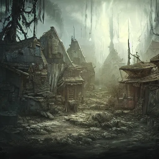 Image similar to A post-apocalyptic village in fairy tale forest in the style of cyberpunk in the style of dark fantasy art Trending on artstation DeviantArt Pinterest detailed Photorealistic HD 8k highlights and shadow detailed High Resolution