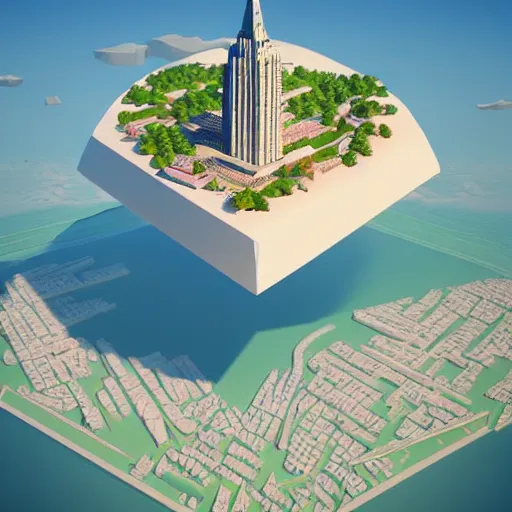 Image similar to floating island with new york city in the sky, low poly, isometric art, 3d art, high detail, artstation, concept art, behance, ray tracing, smooth, sharp focus, ethereal lighting