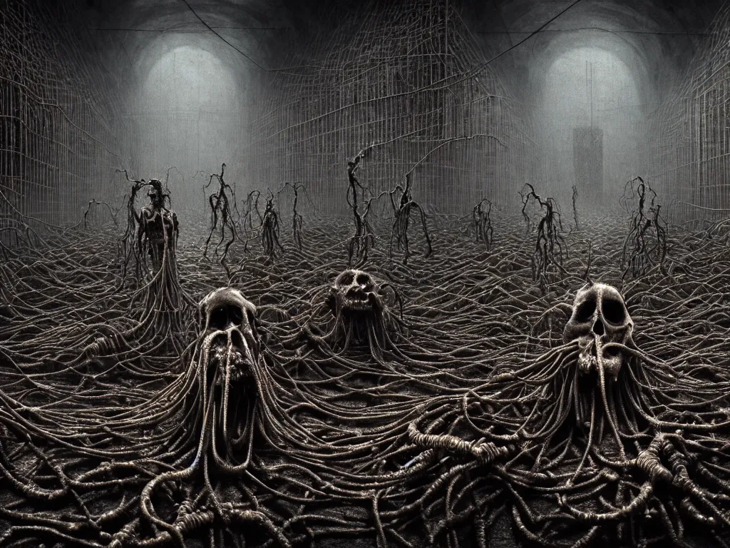 Prompt: portrait of abandoned ribbed organic satanistic ritual scene, crowd of people, covered with wires, spines, roots, ash, mold, baroque painting, standing in a desolate empty wasteland, creepy, nightmare, dream-like heavy atmosphere, dark fog, surreal abandoned buildings, baroque painting, beautiful detailed intricate insanely detailed octane render trending on Artstation, 8K artistic photography, photorealistic, volumetric cinematic light, chiaroscuro, zoomed out, fisheye, Raphael, Caravaggio, Beksinski, Giger