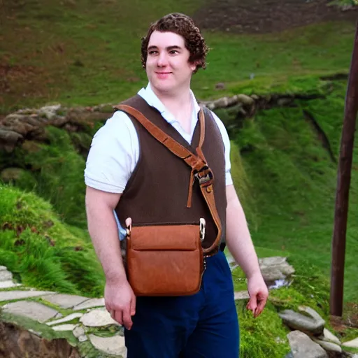 Image similar to clean shaven pudgy British lad with short curly dark brown hair as a hobbit wearing a white men's crossbody sling chest bag and blue vest