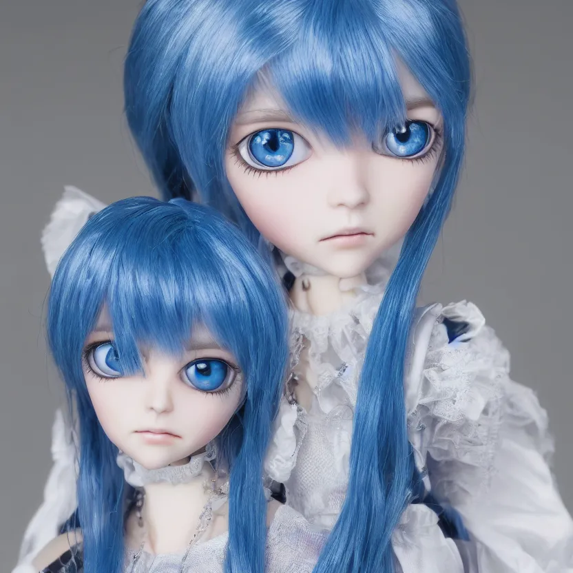 Prompt: dollfie gothic face, profesional studio portrait, blue hair, blue and bright eyes, zoom in, highly detailed