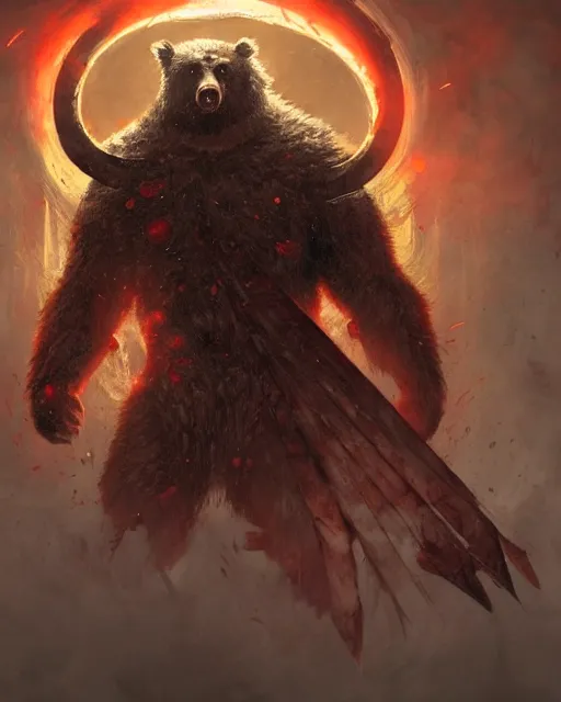 Image similar to Bear Berserker, Khorne, magic the gathering artwork, D&D, fantasy, cinematic lighting, centered, symmetrical, highly detailed, digital painting, artstation, concept art, smooth, sharp focus, illustration, volumetric lighting, epic Composition, 8k, art by Akihiko Yoshida and Greg Rutkowski and Craig Mullins, oil painting, cgsociety