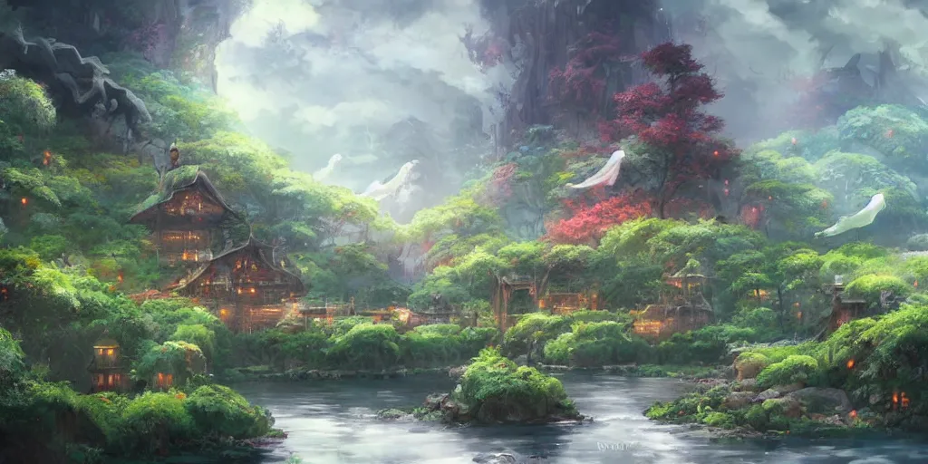 Prompt: a beautiful fantasy scene by yuumei art and ghibli studios