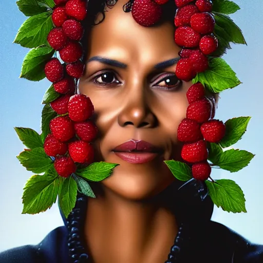 Image similar to ultra detailed two halle berry shaped exactly like berries on a tree duplicate rendered by octane digital painting inspired by arcimboldo