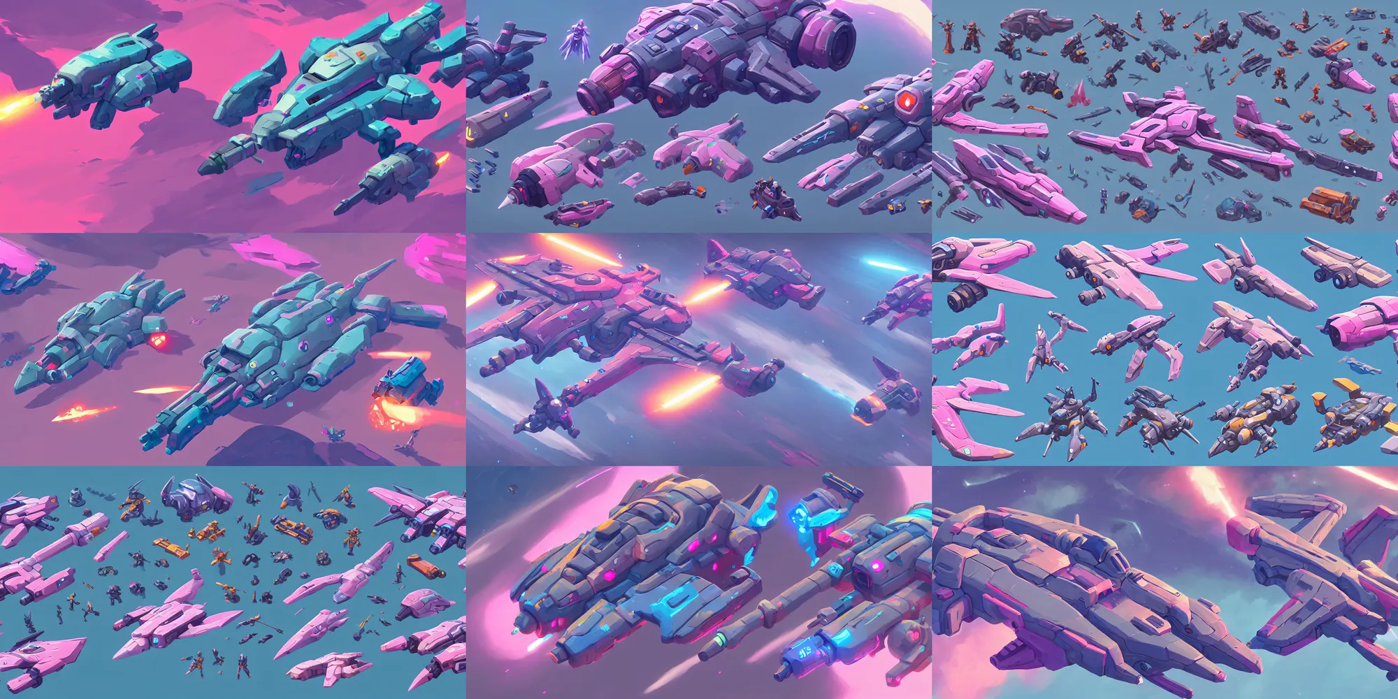 Prompt: game asset of starship and vehicles, in gouache detailed paintings, props, stylized, 2 d sprites, kitbash, arcane, overwatch, blue and pink color scheme, 8 k, close up