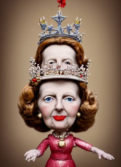 Prompt: closeup face profile portrait of tin toy margaret thatcher as a fairytale princess wearing a crown eating cakes, bikini, depth of field, zeiss lens, detailed, symmetrical, centered, fashion photoshoot, by nicoletta ceccoli, mark ryden, lostfish, breathtaking, 8 k resolution, extremely detailed, beautiful, establishing shot, artistic, hyperrealistic, octane render