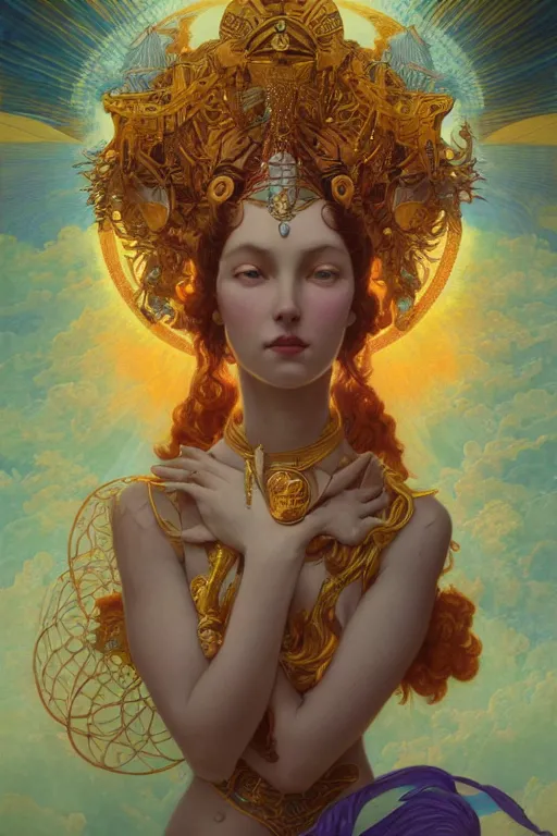 Image similar to goddess of space and dreams, coherent design, symmetrical, concept art, trending on artstation, vivid color, complementary color, golden ratio, detailed, sharp lines, sharp focus, intricate, rainbowshift, peter mohrbacher, gustave dore, maxfield parrish, alphonse mucha, artgerm, deviantart, octane render