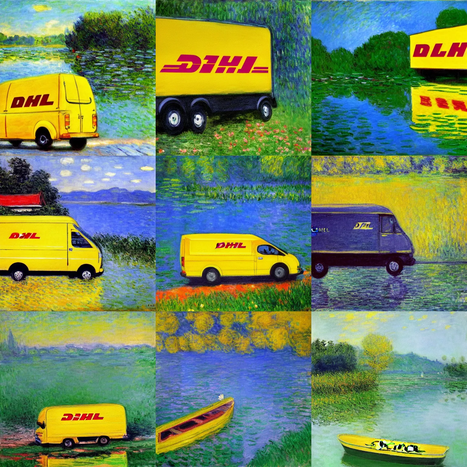 Prompt: DHL yellow DHL van and the lake, painting by Monet