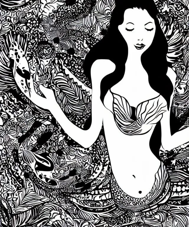 Image similar to black and white illustration, creative design, beautiful mermaid, full body, bikini top fish tail