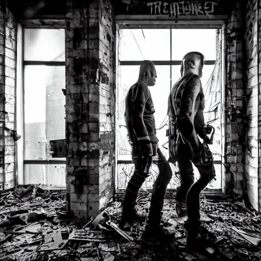 Prompt: tattooed punk band wired to their cybernetic equipment and machines, in interior of abandoned bombed out office building, moody, low light, cinematic