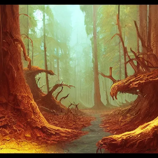 Image similar to an awesome alien forest painting by peter klasen, moebius, artstation