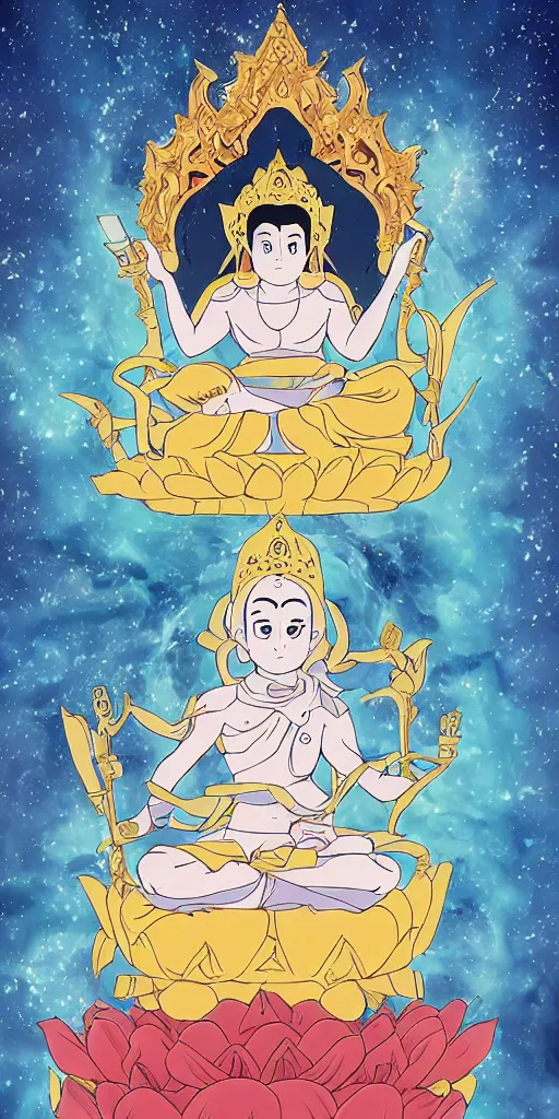 Image similar to buddha sitting on a throne of ice drawn by studio trigger, in the style of Little Witch Academia, spiritual enlightenment, tarot card